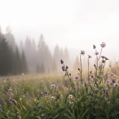 Dawn Wildflowers Meadow with Evergreen Mist