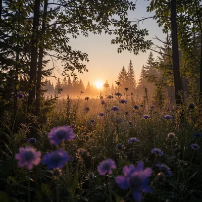 Evergreen Wildflower Meadow at Soft Dawn