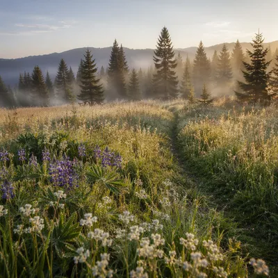 Dawn Wildflower Meadow with Evergreen Trees