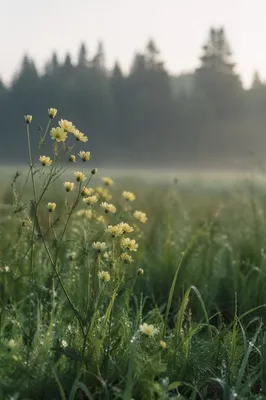 Pale Wildflowers in Evergreen Morning Meadow