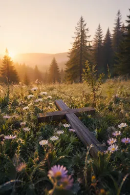 Morning Wildflower Meadow with Wooden Cross