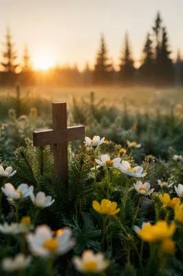 Wooden Cross in Wildflower Morning Meadow