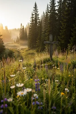 Morning Wildflower Meadow with Wooden Cross