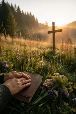 Morning Wildflower Meadow with Hidden Wooden Cross
