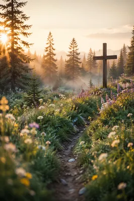 Morning Wildflower Meadow With Wooden Cross