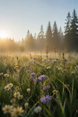 Morning Wildflower Meadow with Evergreen Forest