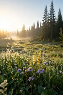 Wildflower Meadow at Misty Evergreen Sunrise