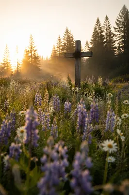 Weathered Cross in Morning Wildflower Meadow