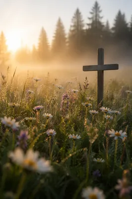 Wildflower Meadow Cross in Morning Light