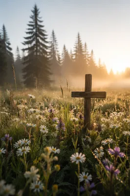 Wooden Cross in Dewy Wildflower Meadow