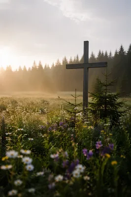 Wooden Cross in Misty Wildflower Meadow