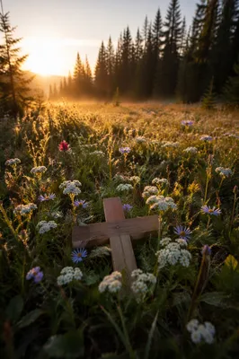 Morning Wildflower Meadow with Wooden Cross