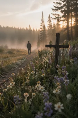 Morning Wildflowers Beside Evergreen Forest Cross