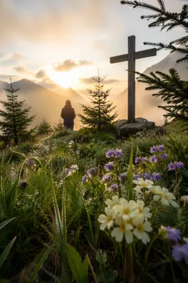 Dawn Wildflower Meadow with Wooden Cross