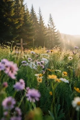 Dawn Wildflower Meadow with Hidden Wooden Cross