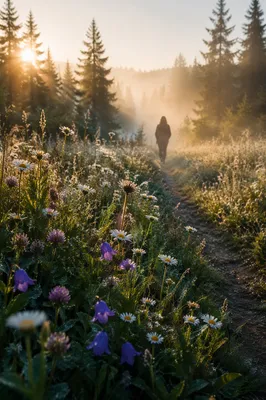 Dawn Wildflower Meadow With Evergreen Pines