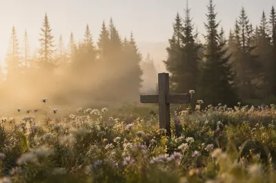 Dawn Meadow Cross Among Evergreen Wildflowers