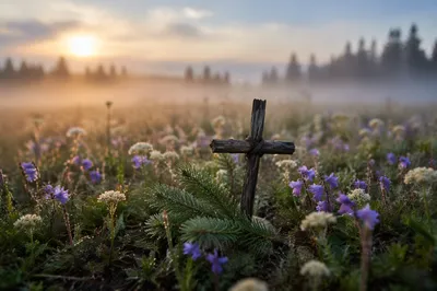 Wooden Cross in Misty Wildflower Meadow