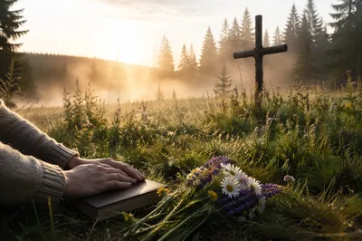 Morning Wildflower Meadow With Wooden Cross