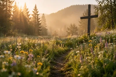 Morning Wildflower Meadow with Wooden Cross