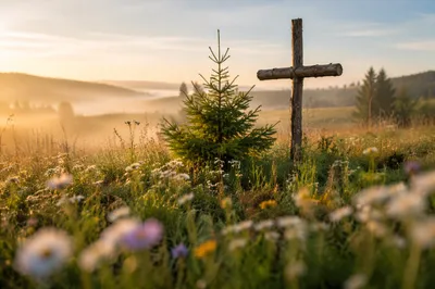 Evergreen Sapling and Cross in Dawn Meadow
