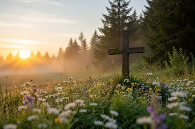 Wildflower Meadow Cross in Morning Light