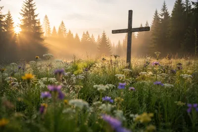 Morning Wildflower Meadow With Wooden Cross