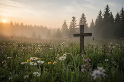 Wooden Cross in Wildflower Meadow at Dawn