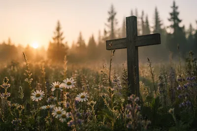 Morning Wildflower Meadow with Wooden Cross