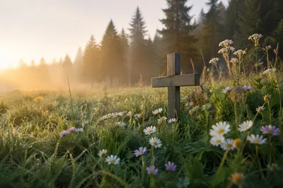 Morning Meadow Cross Among Wildflowers