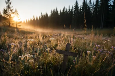 Morning Wildflower Meadow With Wooden Cross