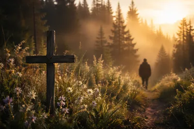 Morning Wildflower Meadow with Wooden Cross