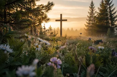 Wildflower Meadow Cross in Morning Light