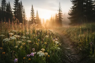 Evergreen Wildflower Meadow in Morning Light
