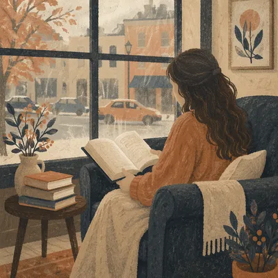 Woman Reading Bible Beside Cafe Window