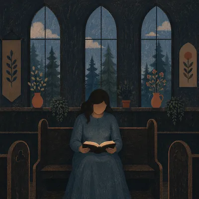 Woman Reading Bible by Evergreen Chapel Window