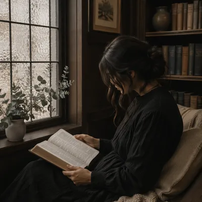Woman Reading Bible by Frosted Window