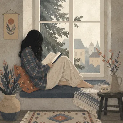 Woman Reading Bible in Morning Window Alcove