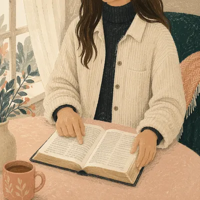 Woman Studying Bible by Soft Window Light