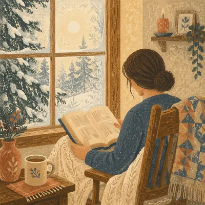 Quiet Bible Reading by Snowy Evergreen Window