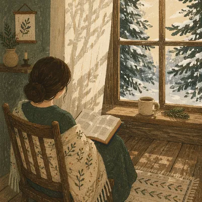 Quiet Bible Reading by Snowy Evergreen Window