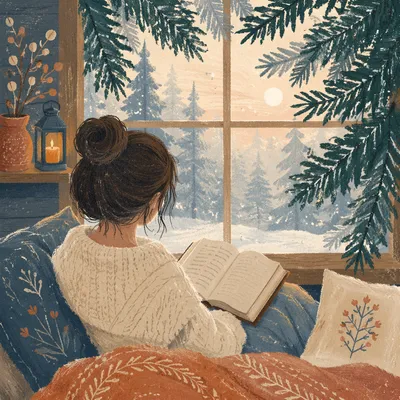 Woman Reading Bible by Evergreen Window