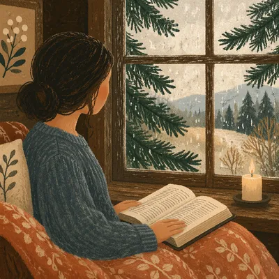 Woman Reading Bible by Rainy Cottage Window