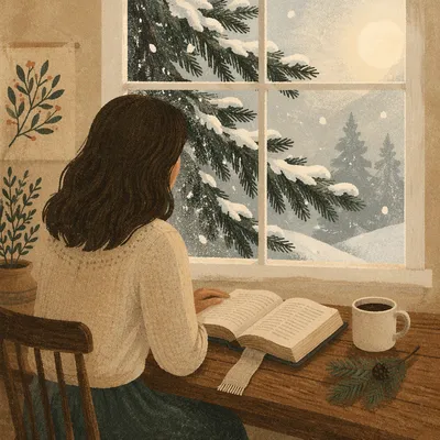 Quiet Bible Reading by Frosted Evergreen Window