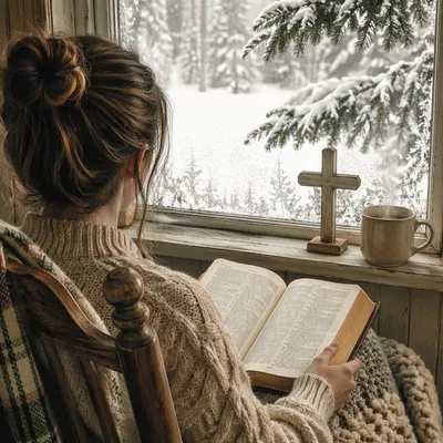 Quiet Bible Reading by Frosted Window