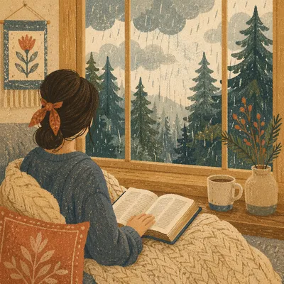 Woman Reading Bible by Rainy Evergreen Window
