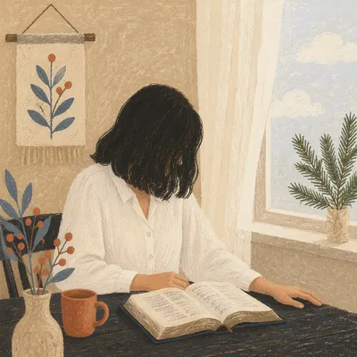 Woman Reading Bible by Evergreen Window