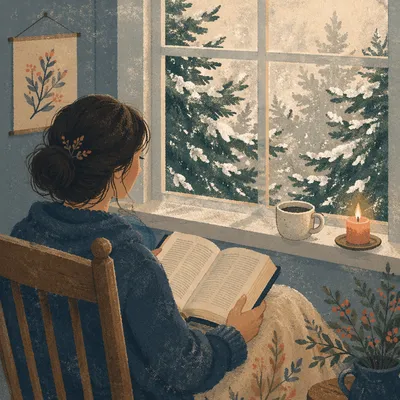 Woman Reading Bible Beside Frosted Evergreen Window