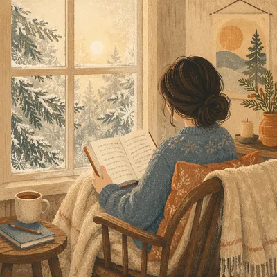 Woman Reading Bible Beside Snowy Window