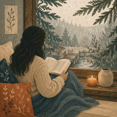 Woman Reading Bible Beside Evergreen Window